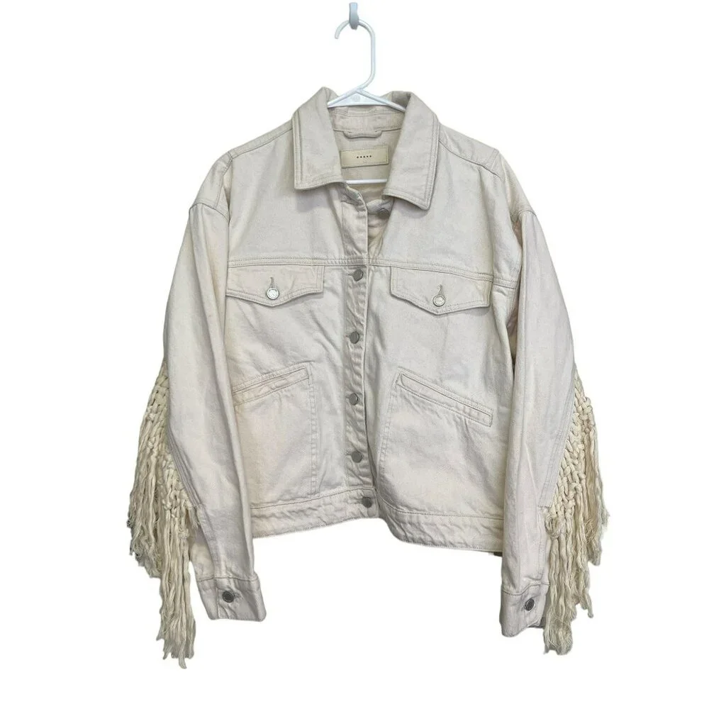 Blank NYC Cream Rope Fringe Denim Trucker Jacket Sz Large NWT - Picture 4 of 8
